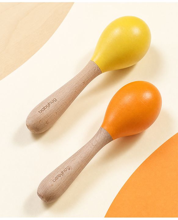 Babyhug Maracas Wooden Rattle Toy Set of 2 for Babies & Toddlers|Sensory Play|Fine Motor Skills & Brain Development|Multicolour|BIS Certified