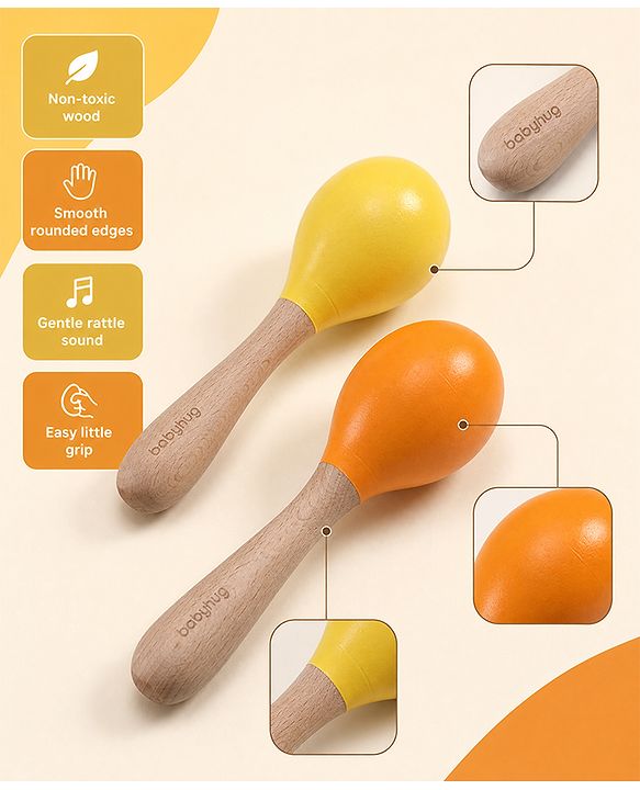Babyhug Maracas Wooden Rattle Toy Set of 2 for Babies & Toddlers|Sensory Play|Fine Motor Skills & Brain Development|Multicolour|BIS Certified