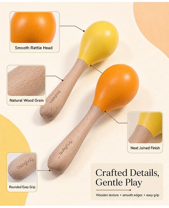 Babyhug Maracas Wooden Rattle Toy Set of 2 for Babies & Toddlers|Sensory Play|Fine Motor Skills & Brain Development|Multicolour|BIS Certified