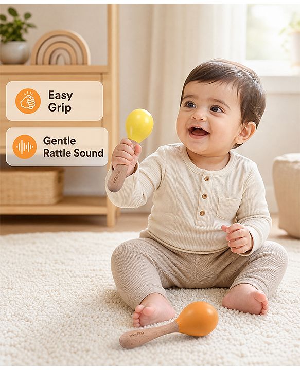 Babyhug Maracas Wooden Rattle Toy Set of 2 for Babies & Toddlers|Sensory Play|Fine Motor Skills & Brain Development|Multicolour|BIS Certified