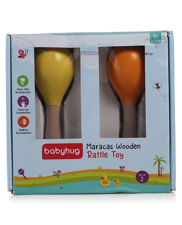 Babyhug Maracas Wooden Rattle Toy Set of 2 for Babies & Toddlers|Sensory Play|Fine Motor Skills & Brain Development|Multicolour|BIS Certified