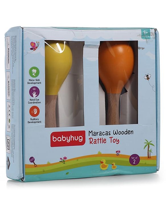 Babyhug Maracas Wooden Rattle Toy Set of 2 for Babies & Toddlers|Sensory Play|Fine Motor Skills & Brain Development|Multicolour|BIS Certified
