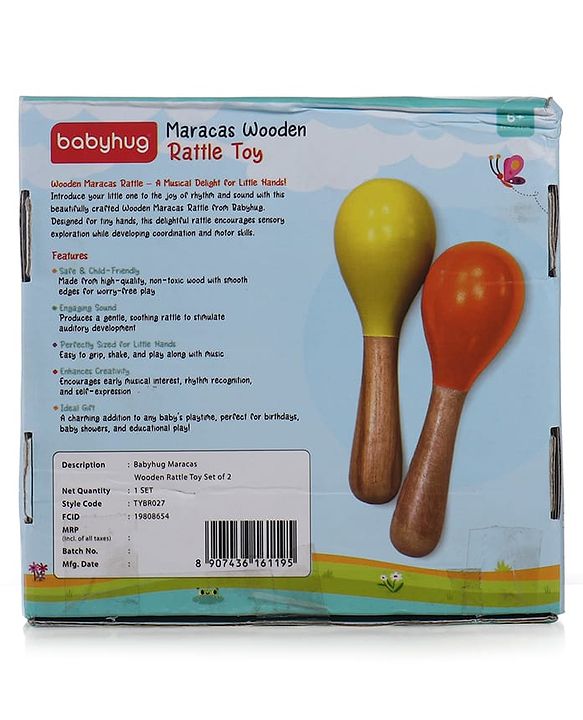 Babyhug Maracas Wooden Rattle Toy Set of 2 for Babies & Toddlers|Sensory Play|Fine Motor Skills & Brain Development|Multicolour|BIS Certified