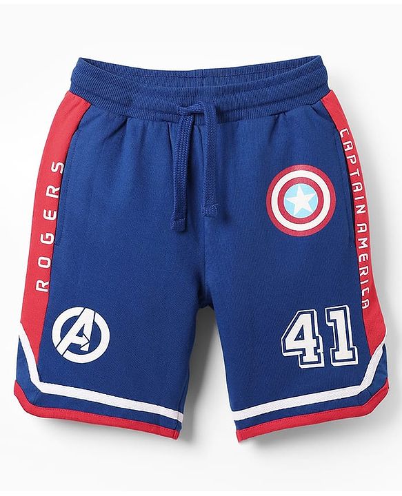 Pine Kids Marvel Terry Knit Knee Length Cut & Sew Shorts With Avengers Graphics & Badge Detailing - Blue