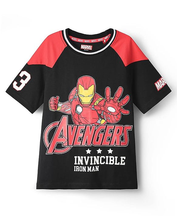 Pine Kids Marvel Single Jersey Knit Half Sleeves Oversized Drop Shoulder Raglan T-Shirt And Shorts Set With Avengers Graphics - Red & Black