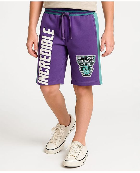Pine Kids Marvel Terry Knit Knee Length Cut And Sew  Shorts With Avengers Hulk Graphics And Badge Detailing - Purple