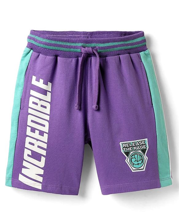 Pine Kids Marvel Terry Knit Knee Length Cut And Sew  Shorts With Avengers Hulk Graphics And Badge Detailing - Purple
