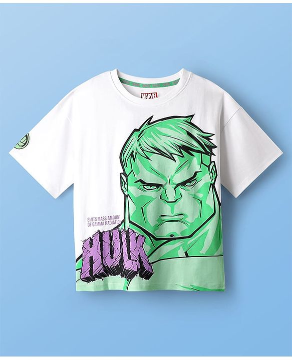 Pine Kids Marvel Single Jersey Knit Half Sleeves Oversize Drop Shoulder T-Shirt & Shorts Set With Avengers Hulk Graphics - White & Olive Green