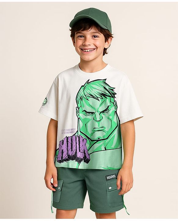 Pine Kids Marvel Single Jersey Knit Half Sleeves Oversize Drop Shoulder T-Shirt & Shorts Set With Avengers Hulk Graphics - White & Olive Green