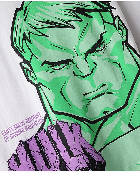 Pine Kids Marvel Single Jersey Knit Half Sleeves Oversize Drop Shoulder T-Shirt & Shorts Set With Avengers Hulk Graphics - White & Olive Green