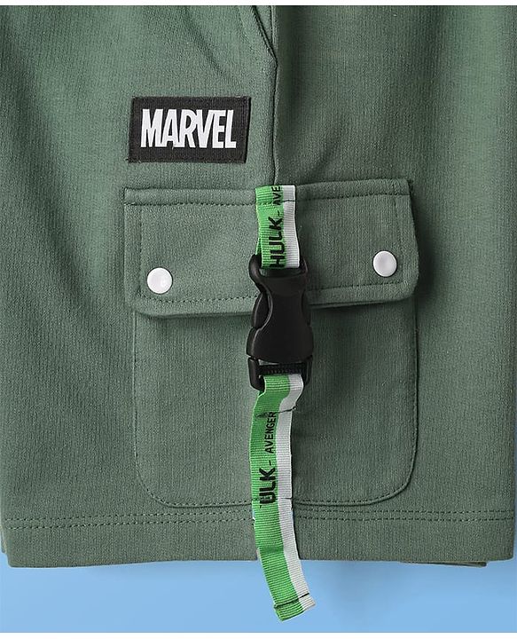 Pine Kids Marvel Single Jersey Knit Half Sleeves Oversize Drop Shoulder T-Shirt & Shorts Set With Avengers Hulk Graphics - White & Olive Green