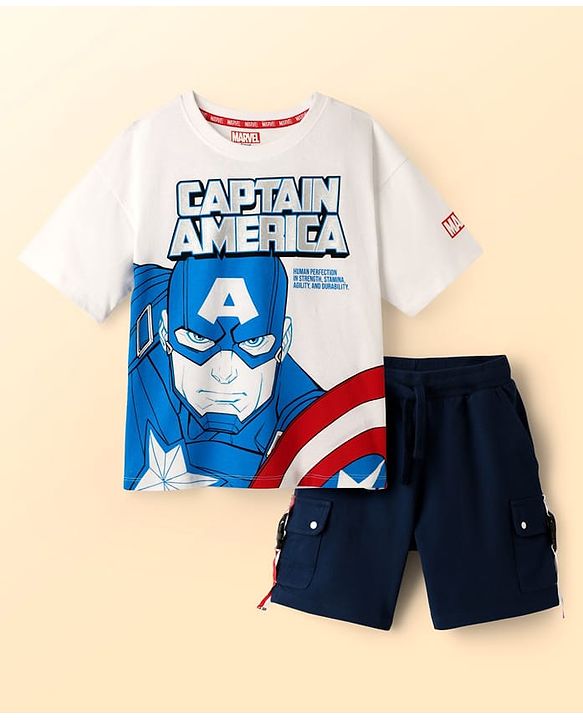 Pine Kids Marvel Single Jersey Knit Half Drop Shoulder Sleeves Oversized T-Shirt & Shorts Set With Captain America Graphics & Badge Detailing - White & Navy Blue