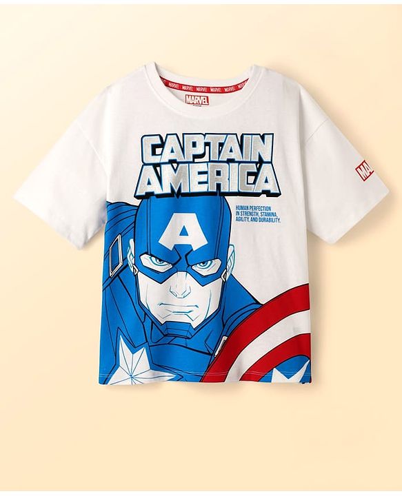 Pine Kids Marvel Single Jersey Knit Half Drop Shoulder Sleeves Oversized T-Shirt & Shorts Set With Captain America Graphics & Badge Detailing - White & Navy Blue
