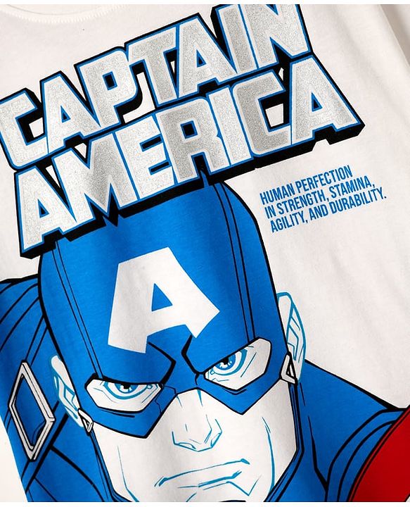 Pine Kids Marvel Single Jersey Knit Half Drop Shoulder Sleeves Oversized T-Shirt & Shorts Set With Captain America Graphics & Badge Detailing - White & Navy Blue