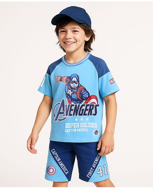 Pine Kids Marvel Single Jersey Knit Half Sleeves Oversized Drop Shoulder Raglan T-Shirt And Shorts With Avengers Captain America Graphics - Blue