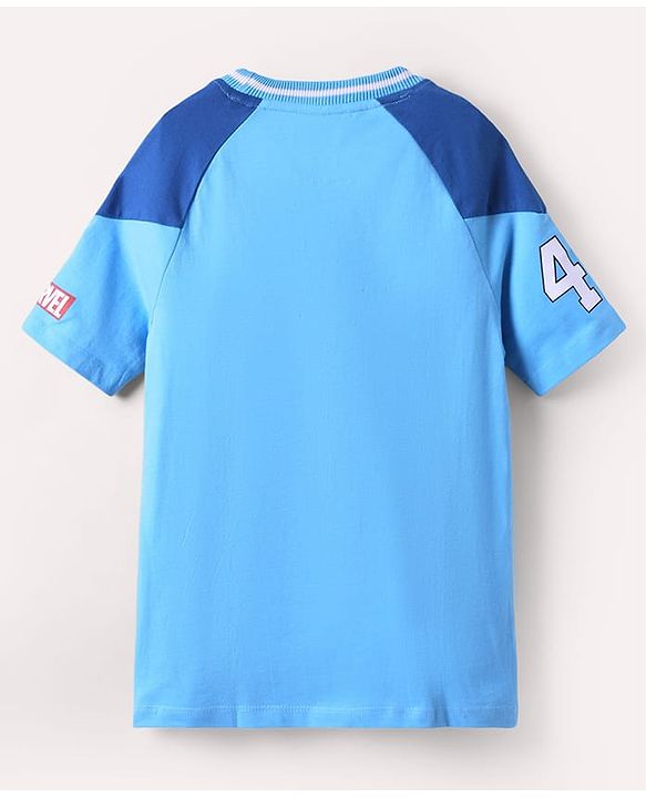 Pine Kids Marvel Single Jersey Knit Half Sleeves Oversized Drop Shoulder Raglan T-Shirt And Shorts With Avengers Captain America Graphics - Blue