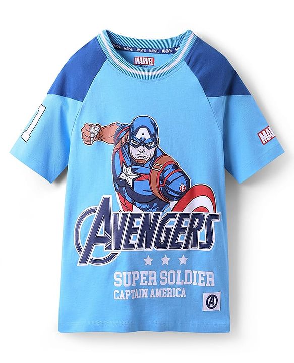 Pine Kids Marvel Single Jersey Knit Half Sleeves Oversized Drop Shoulder Raglan T-Shirt And Shorts With Avengers Captain America Graphics - Blue