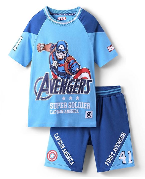 Pine Kids Marvel Single Jersey Knit Half Sleeves Oversized Drop Shoulder Raglan T-Shirt And Shorts With Avengers Captain America Graphics - Blue