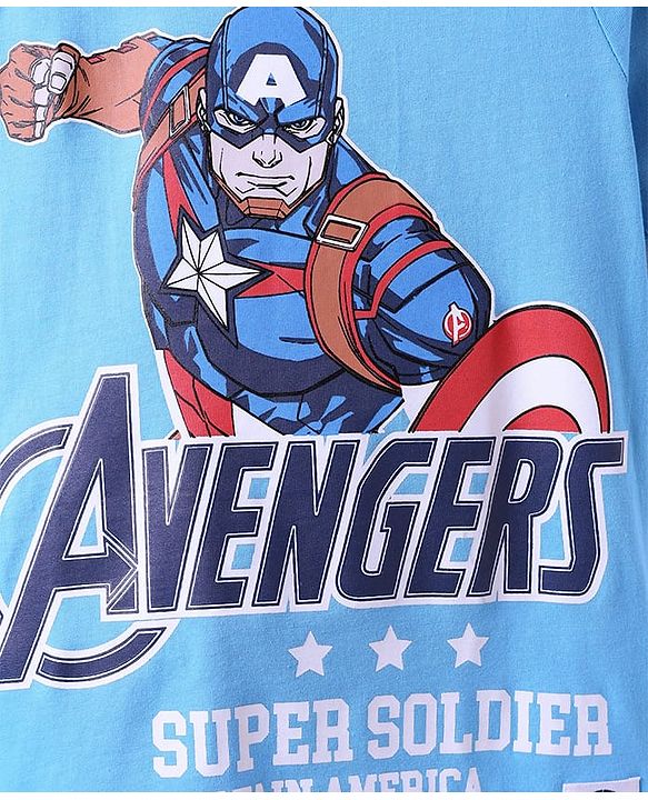 Pine Kids Marvel Single Jersey Knit Half Sleeves Oversized Drop Shoulder Raglan T-Shirt And Shorts With Avengers Captain America Graphics - Blue