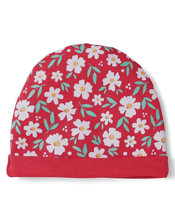 Babyhug 100% Cotton Interlock Knit Cap Mittens & Booties With Floral Print Red - Diameter 10 cm