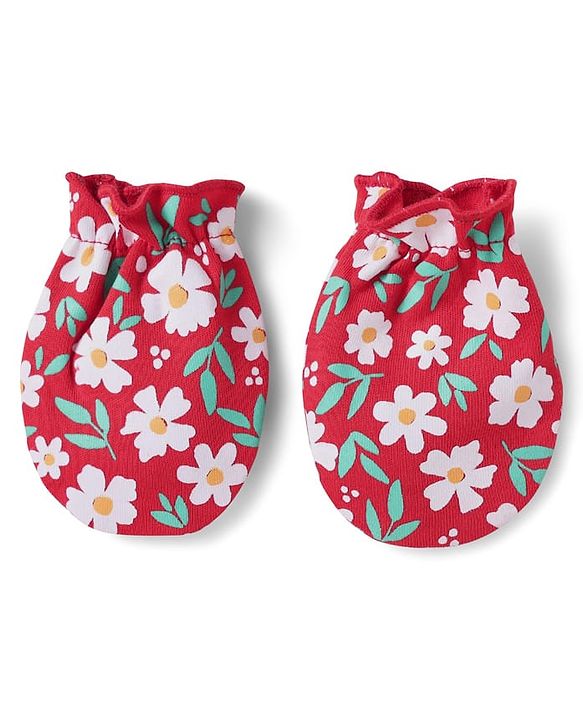 Babyhug 100% Cotton Interlock Knit Cap Mittens & Booties With Floral Print Red - Diameter 10 cm