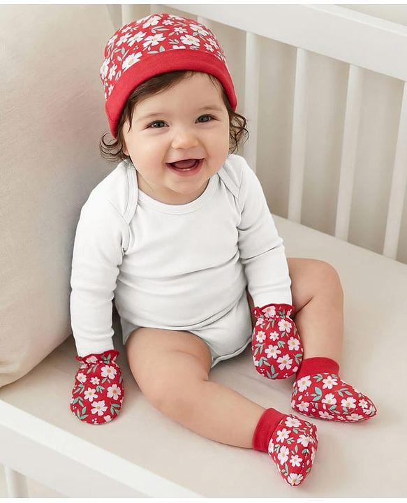 Babyhug 100% Cotton Interlock Knit Cap Mittens & Booties With Floral Print Red - Diameter 10 cm