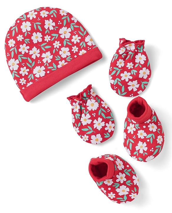 Babyhug 100% Cotton Interlock Knit Cap Mittens & Booties With Floral Print Red - Diameter 10 cm