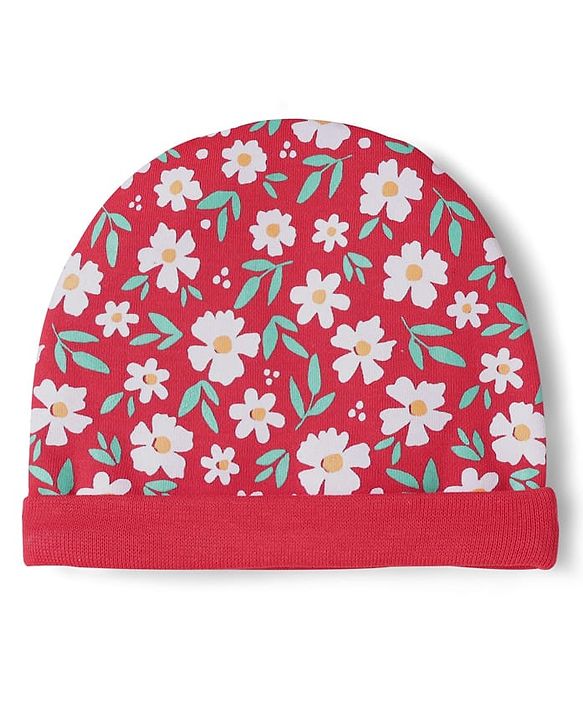 Babyhug 100% Cotton Interlock Knit Cap Mittens & Booties With Floral Print Red - Diameter 10 cm