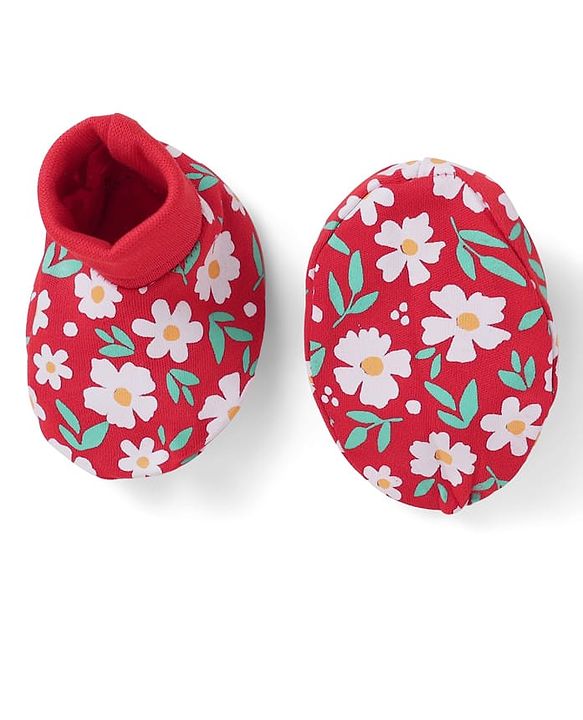 Babyhug 100% Cotton Interlock Knit Cap Mittens & Booties With Floral Print Red - Diameter 10 cm