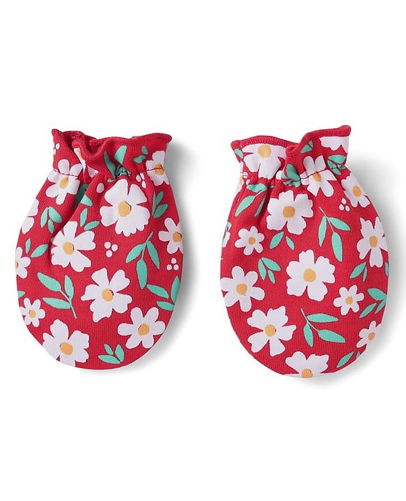 Babyhug 100% Cotton Interlock Knit Cap Mittens & Booties With Floral Print Red - Diameter 10 cm