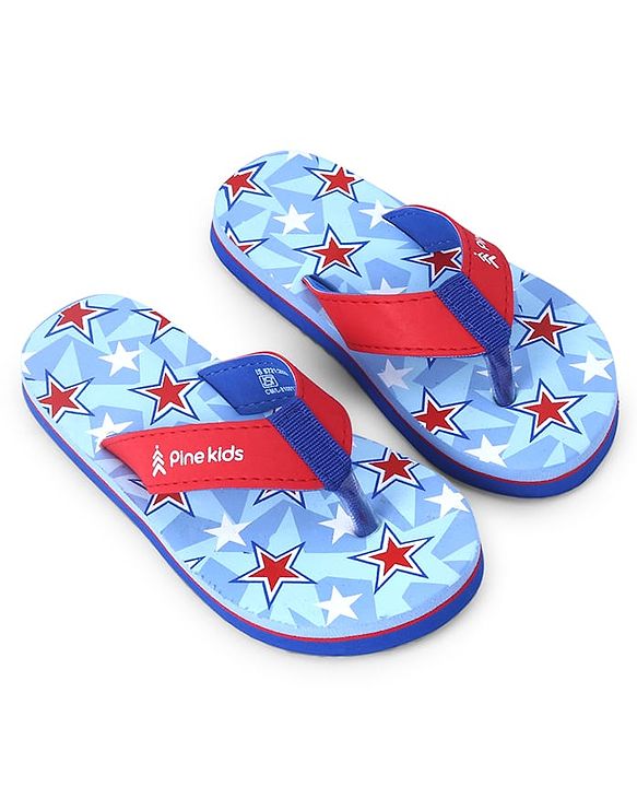 Pine Kids Slip On Flip Flops  with Stars Print - Light Blue & Red