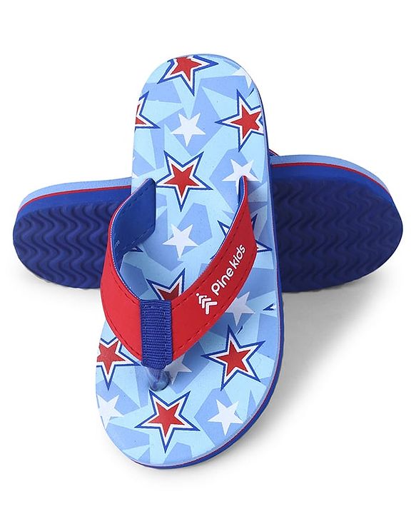 Pine Kids Slip On Flip Flops  with Stars Print - Light Blue & Red