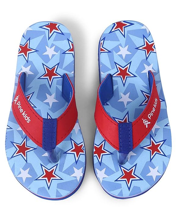 Pine Kids Slip On Flip Flops  with Stars Print - Light Blue & Red