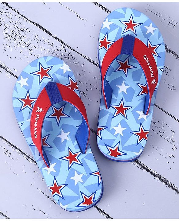 Pine Kids Slip On Flip Flops  with Stars Print - Light Blue & Red