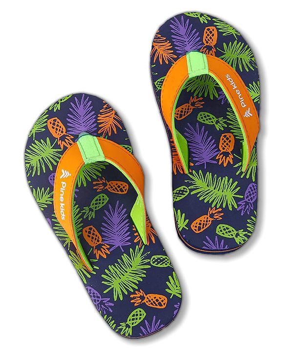 Pine Kids Slip On Flip Flops with Tropical Theme Print - Navy Blue & Green