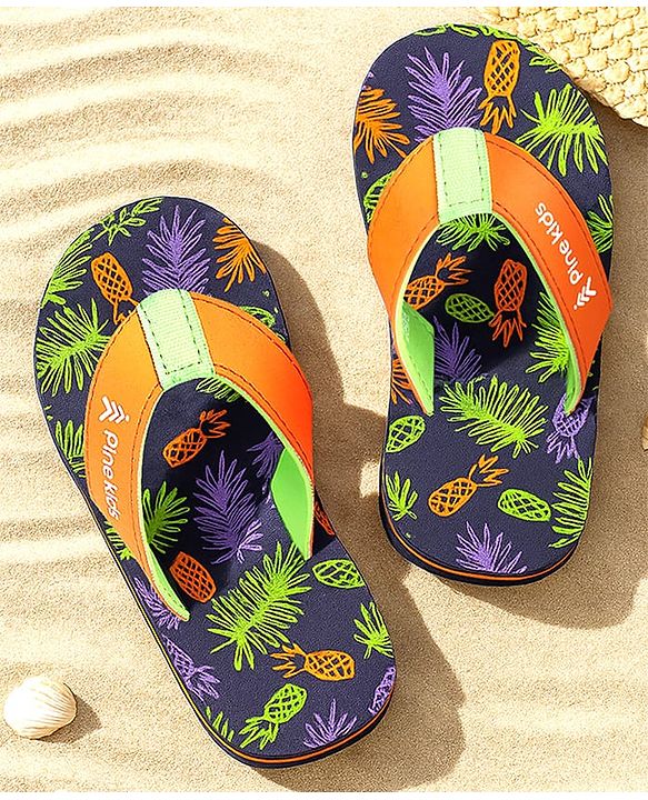 Pine Kids Slip On Flip Flops with Tropical Theme Print - Navy Blue & Green