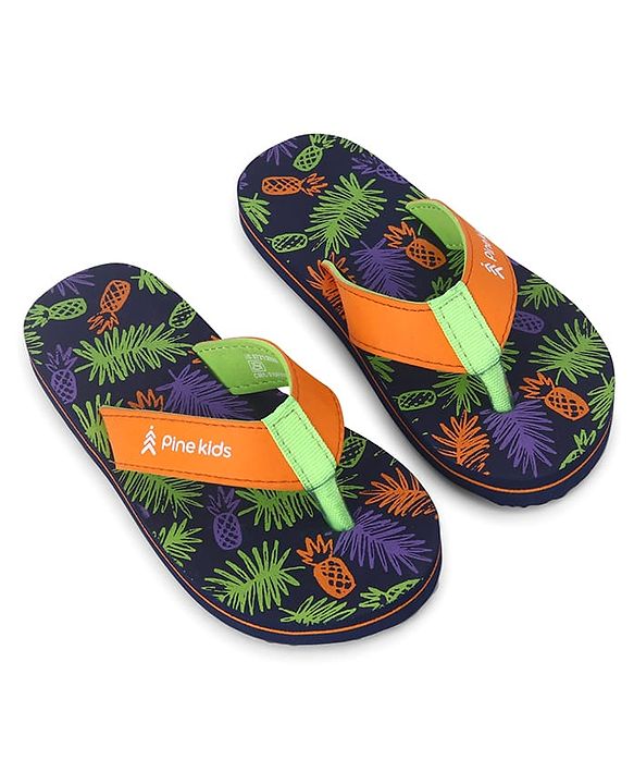 Pine Kids Slip On Flip Flops with Tropical Theme Print - Navy Blue & Green