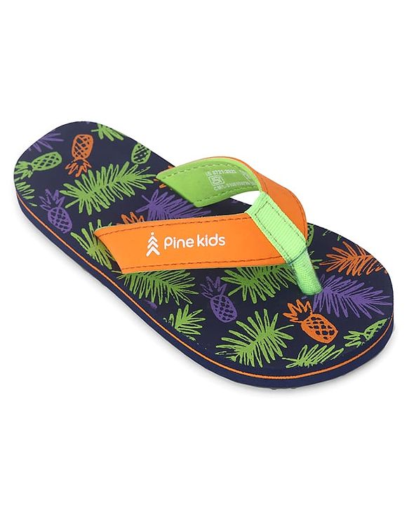 Pine Kids Slip On Flip Flops with Tropical Theme Print - Navy Blue & Green