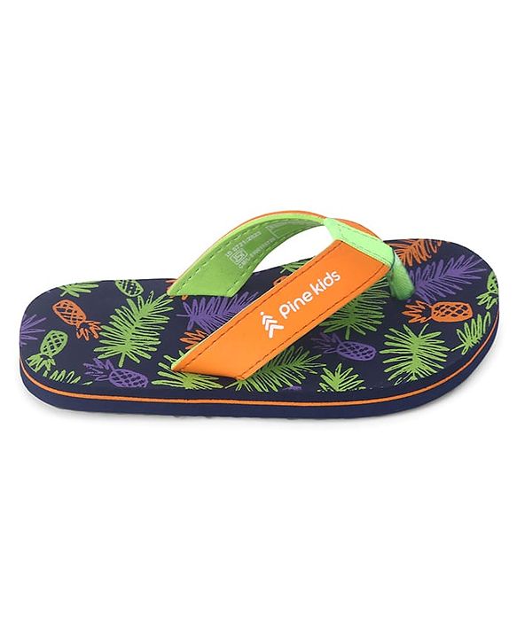 Pine Kids Slip On Flip Flops with Tropical Theme Print - Navy Blue & Green