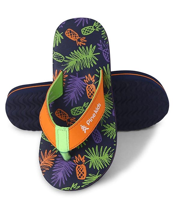 Pine Kids Slip On Flip Flops with Tropical Theme Print - Navy Blue & Green