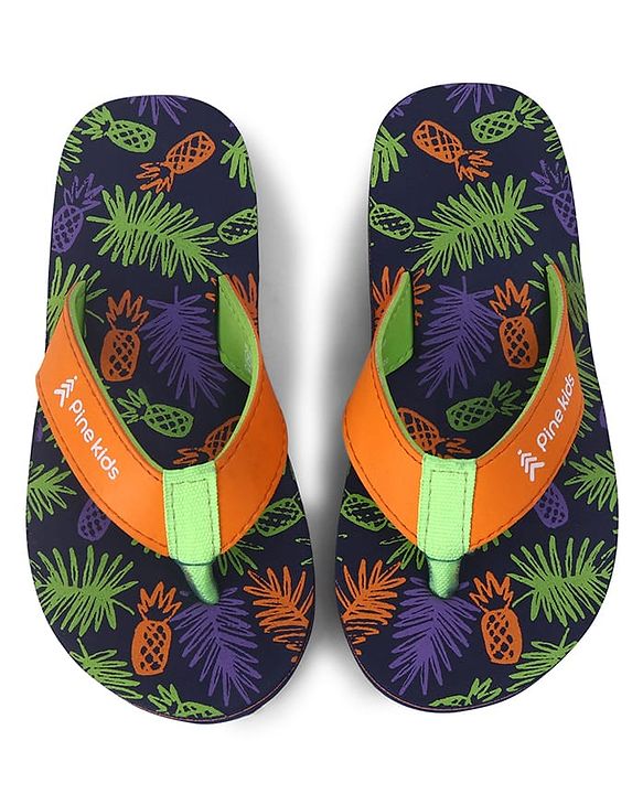 Pine Kids Slip On Flip Flops with Tropical Theme Print - Navy Blue & Green