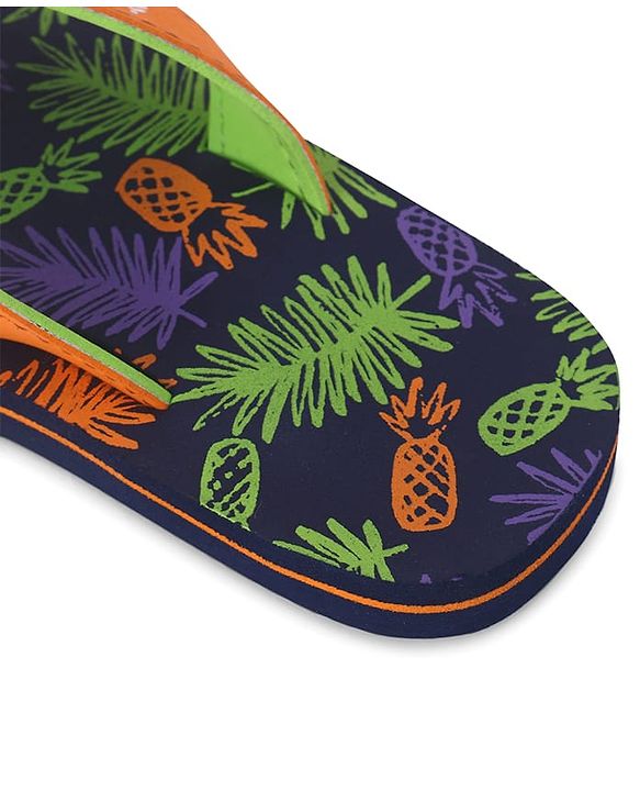 Pine Kids Slip On Flip Flops with Tropical Theme Print - Navy Blue & Green