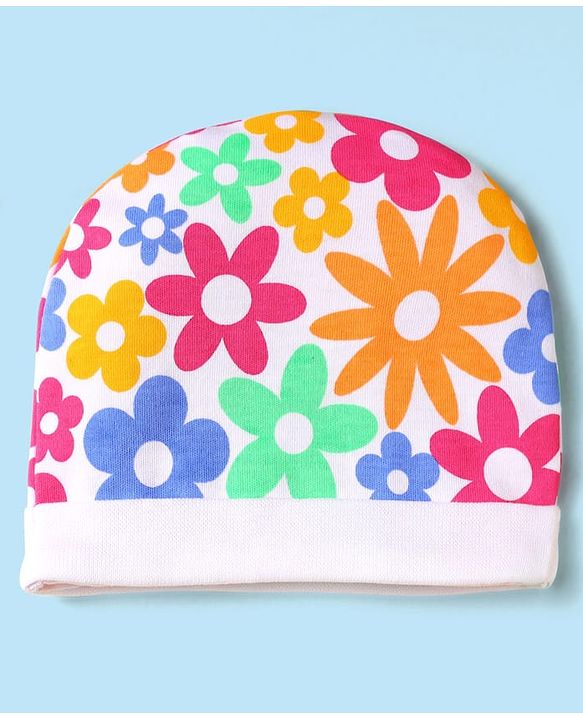 Babyhug 100% Cotton Interlock Knit Cap Mittens & Booties Set With Floral Print White - Diameter 15 cm