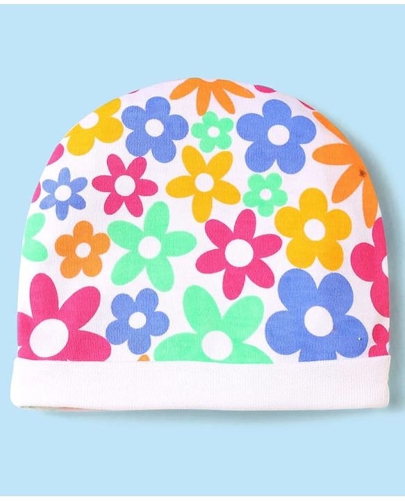 Babyhug 100% Cotton Interlock Knit Cap Mittens & Booties Set With Floral Print White - Diameter 15 cm