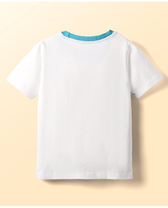 Babyhug Cotton Knit Half Sleeves T-Shirt With Beach Theme Print - White & Blue