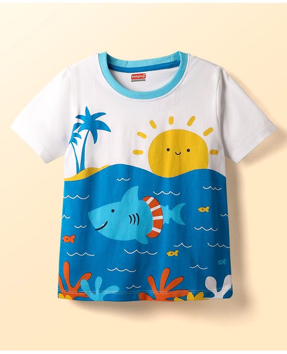 Babyhug Cotton Knit Half Sleeves T-Shirt With Beach Theme Print - White & Blue