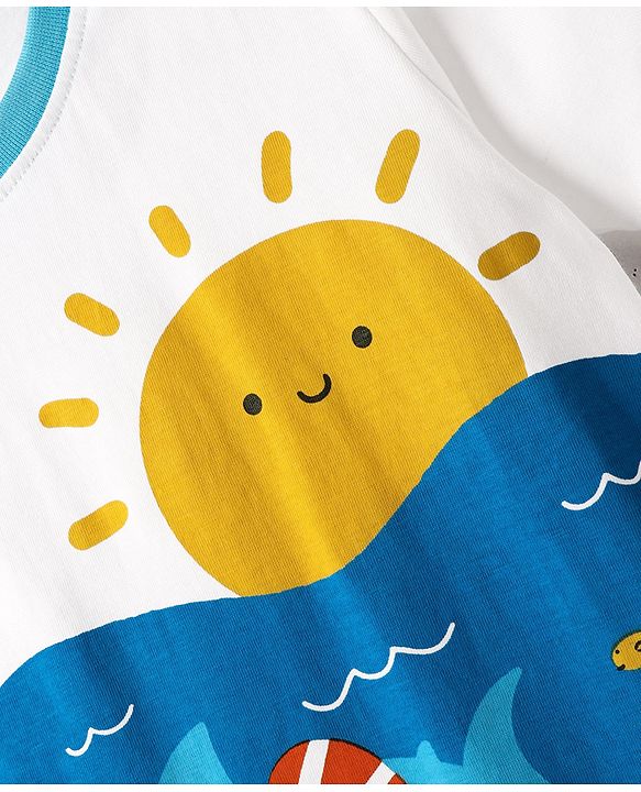 Babyhug Cotton Knit Half Sleeves T-Shirt With Beach Theme Print - White & Blue