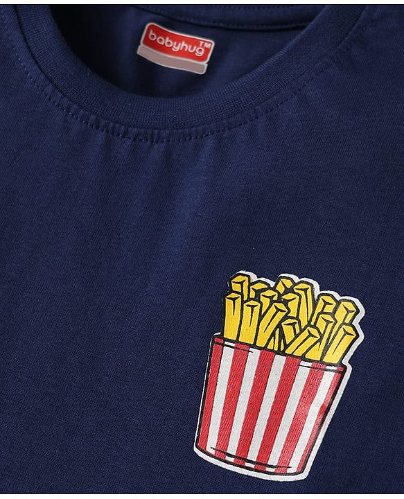 Babyhug Cotton Knit Half Sleeves T-Shirts With Fries & Burger Print Pack of 3 - Navy Blue Blue & Yellow