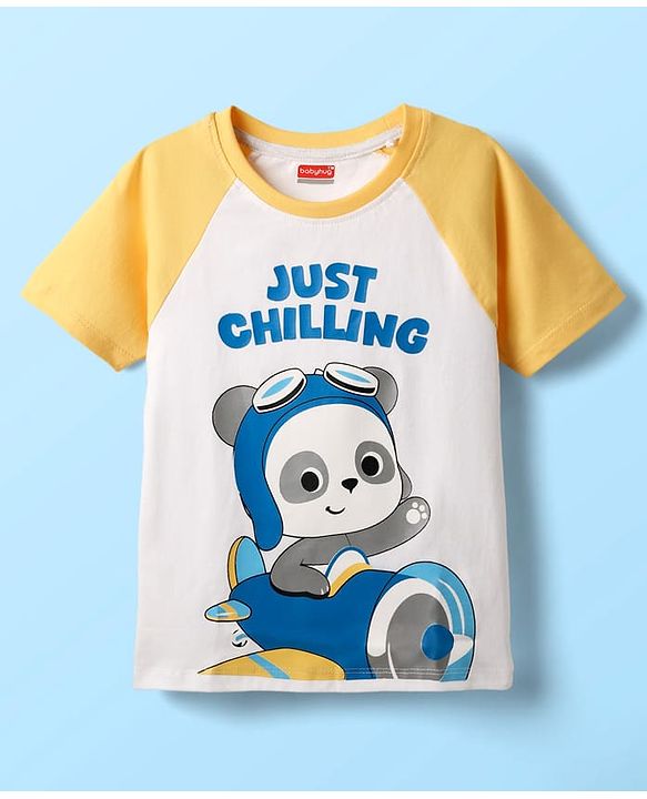 Babyhug Cotton Knit Half Raglan Sleeves T-Shirt with Panda Print - Yellow & White