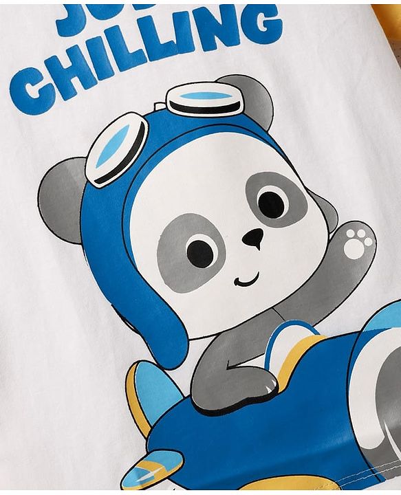 Babyhug Cotton Knit Half Raglan Sleeves T-Shirt with Panda Print - Yellow & White